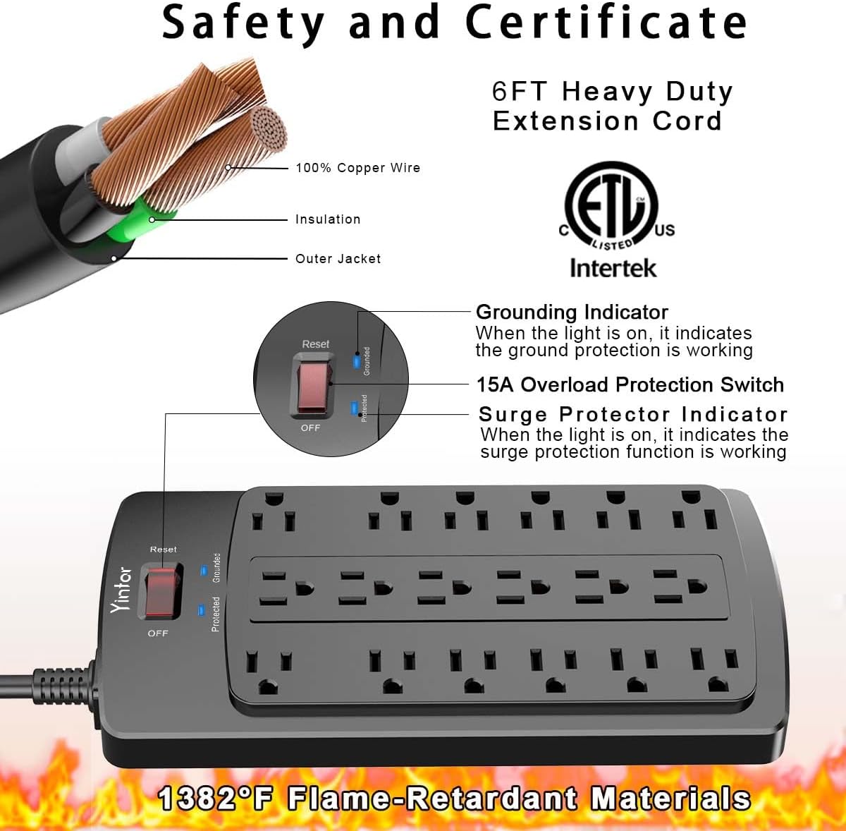 6FT Yintar Surge Protector Power Strip - Flat Plug Extension Cord with 18 AC Outlets for Home, Office, Dorm Essentials, 2100 Joules, ETL, Black