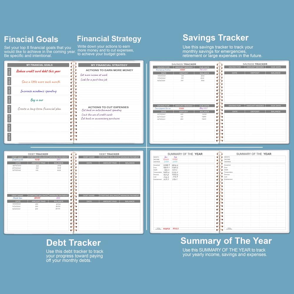 Budget Planner & Monthly Bill Organizer with Pockets. Expense Tracker Notebook, Budgeting Journal and Financial Planner Budget Book to Control Your Money, PP Cover, 8" x 9.5" – Blue Watercolor