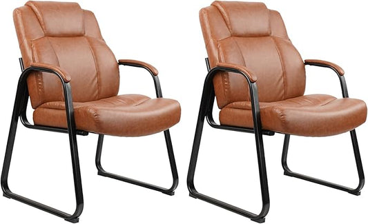 CLATINA Big & Tall 500 lb. Guest Chair, PU Leather Office Reception Chairs with Sled Base, Desk Chair No Wheels for Waiting Room Conference Lobby Computer Living Room, Brown, 2 Pack