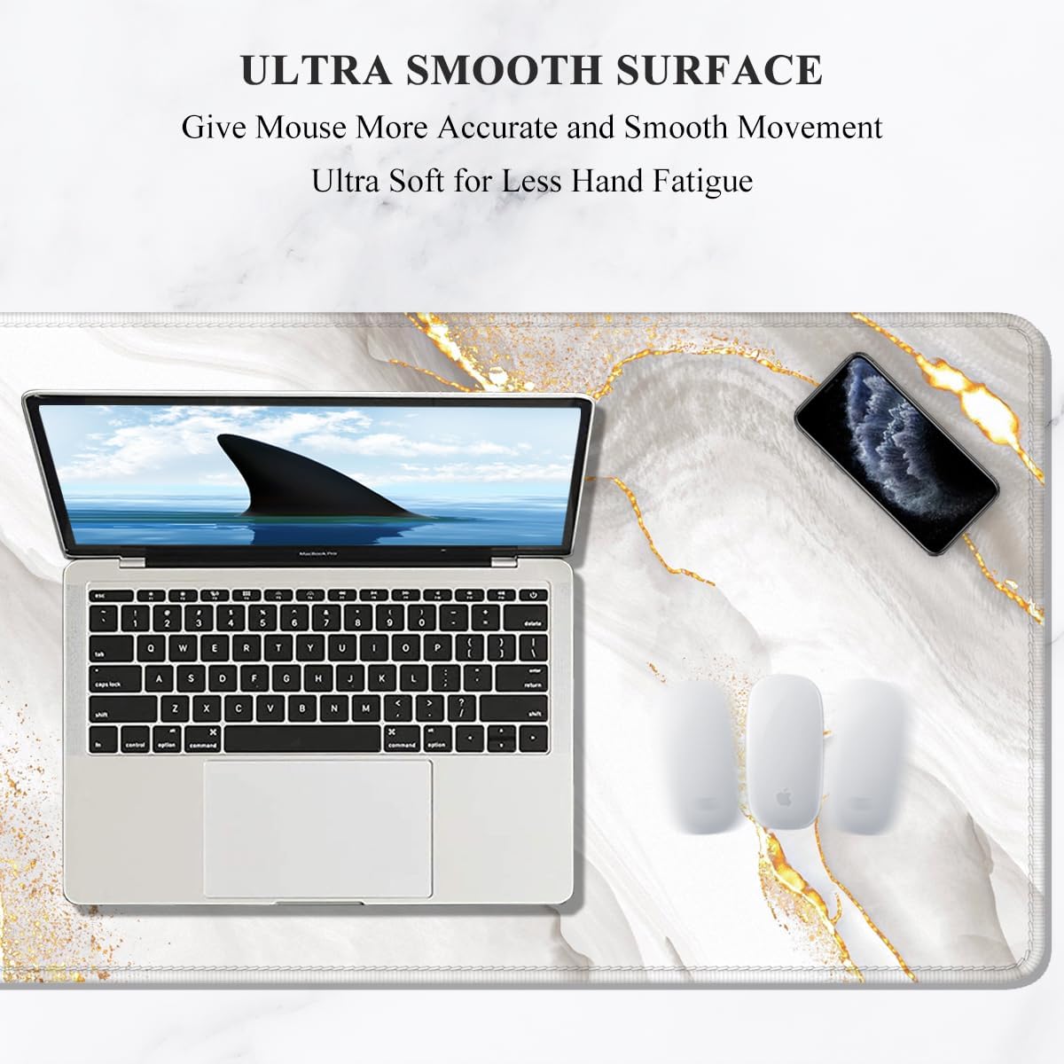 Auhoahsil Large Mouse Pad, XXL Gaming Mousepad, Desk Mat for Desktop, Thick Rubber, Big & Long Size, Stitched Edges, Full Desk Pad for Laptop & Computer, Extended 31.5 x 11.8 in, Gold Gray Marble