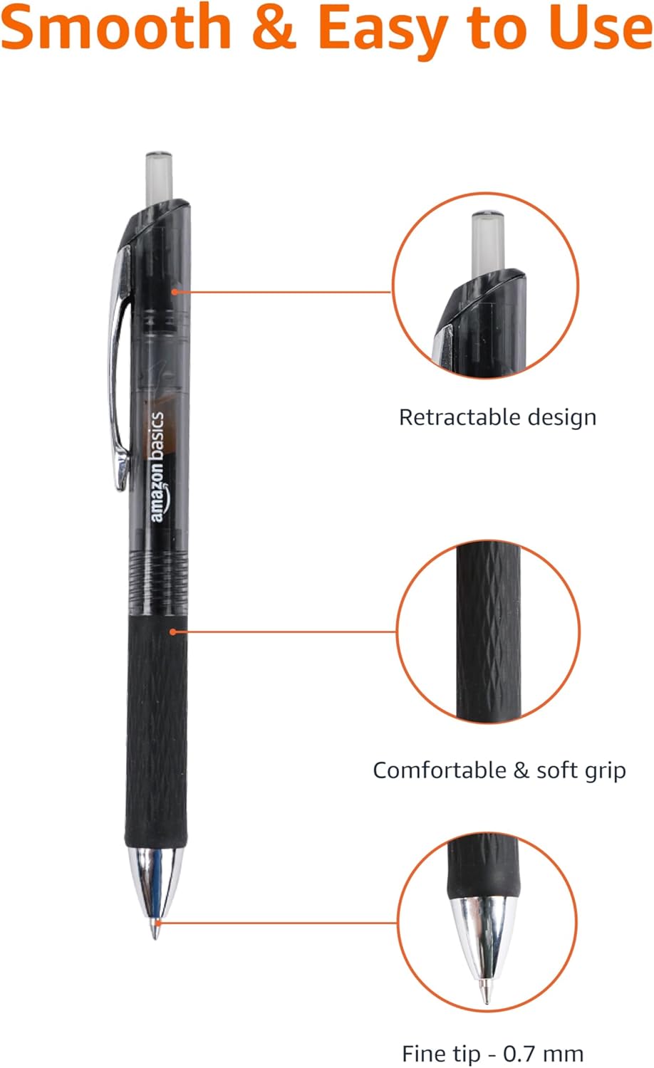 Amazon Basics Gel Pens Fine Point Smooth Writing Pens, Retractable, Black, 0.7mm, 12 Pack