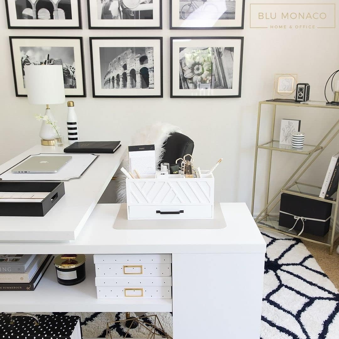 BLU MONACO Stylish White Wooden Pen Holder for Desk: Keep Pens, Markers, and More Organized. With 6 Storage Compartments and a Drawer. Pencil Holder, Marker Storage, and Desk Organizers