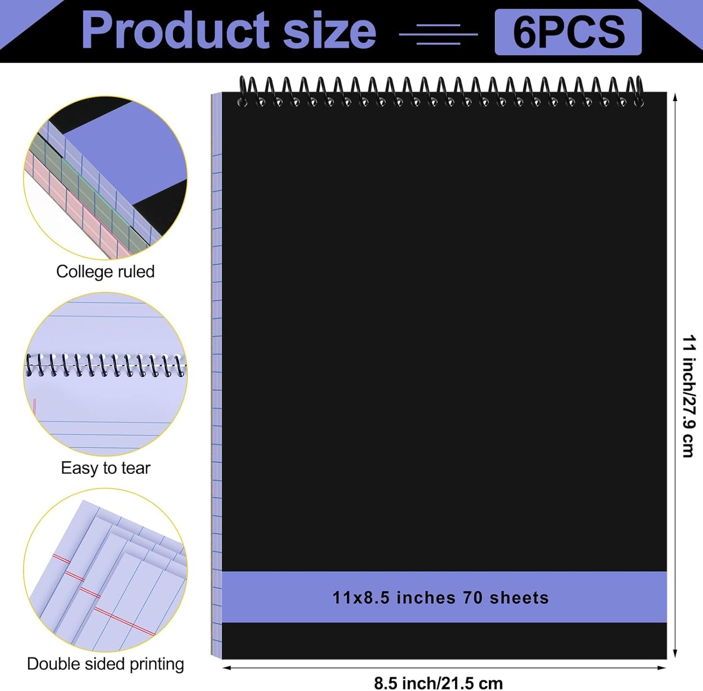 6 Pcs Legal Pad Top Spiral Bound Notebook 70 Sheets Wirebound Notepad Double Sided Ruled Memo Steno Pad with Stiff Back Cover for Business(8.5 x 11 Inches,No Holes,Morandi Color)