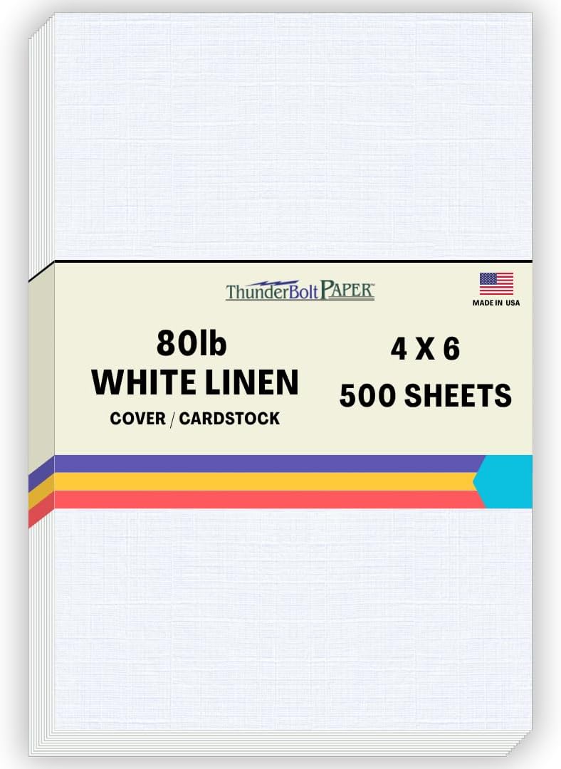500 White Linen 80# Cover Paper Sheets - 4" X 6" (4X6 Inches) Photo|Card|Frame Size - 80 lb/pound Card Weight - Fine Linen Textured Finish - 96 Bright Cardstock