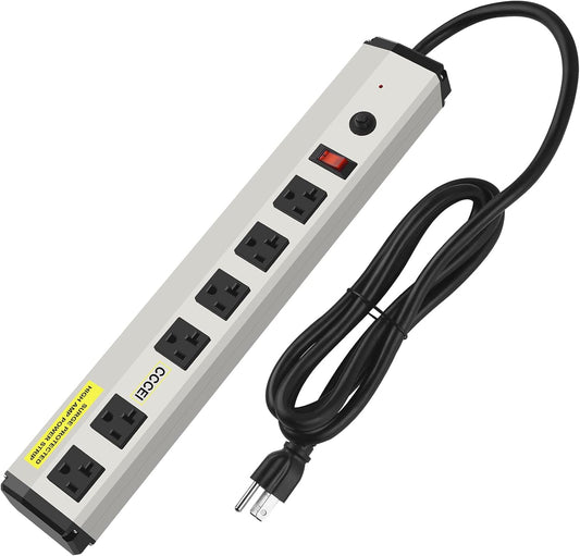 CCCEI Heavy Duty Power Strip Surge Protector 20 Amp, High Amp Industrial Shop Garage Metal Multiple Outlets, 10 FT 12 Gauge 5-15P Extension Cord 6 Outlet 6-20R T-Slot 20a for Appliance.