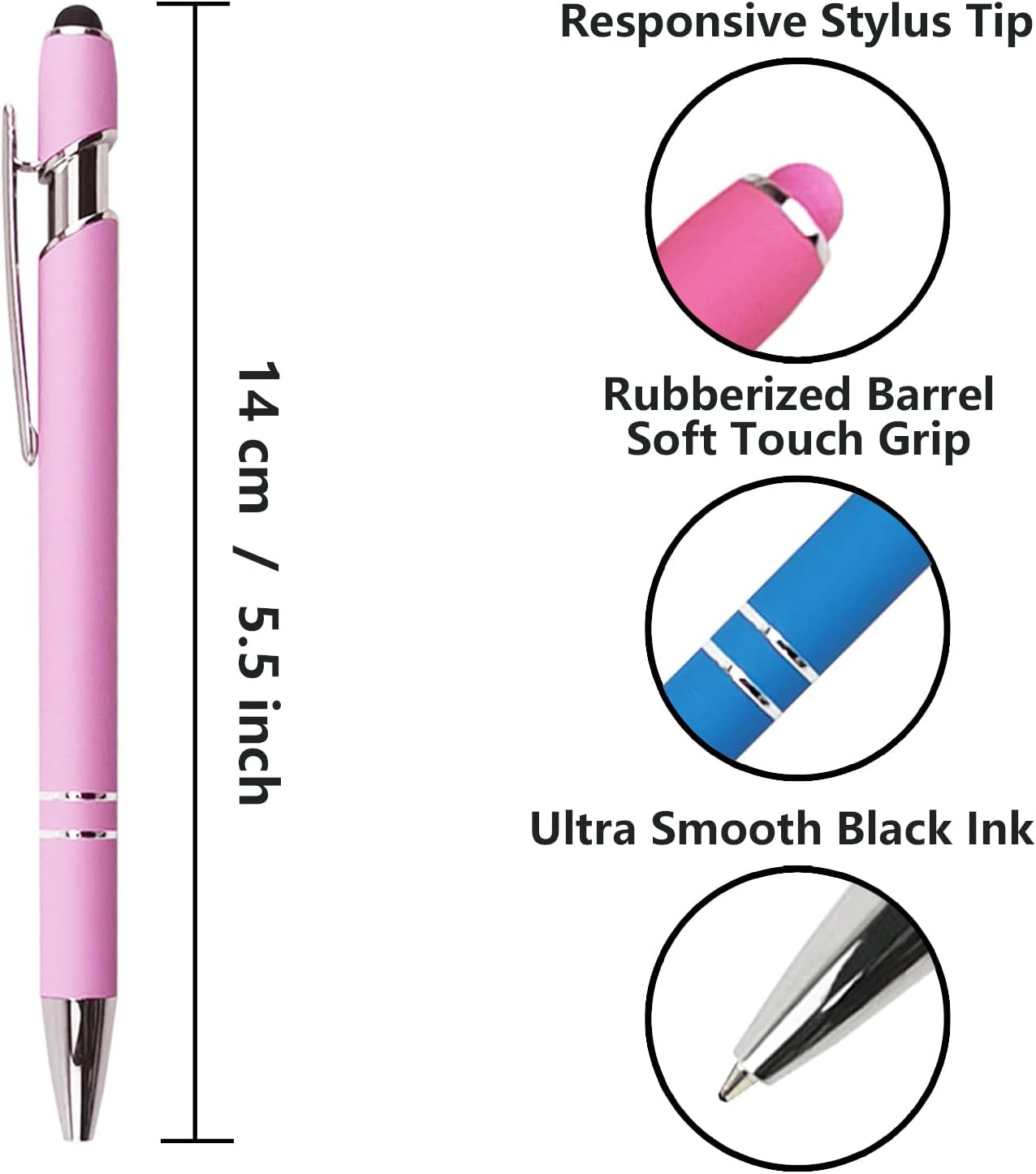 Ballpoint Pen with Stylus Tip, Soft Touch Click Metal Pen, 1.0mm Medium Point, Black Ink, 12 Count(Light Purple)