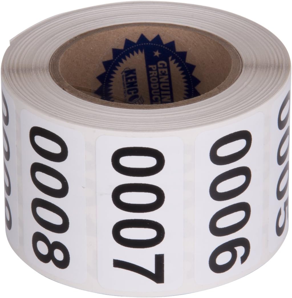 Consecutively Numbered Labels Self Adhesive Durable Vinyl- Measure: 2" X 1" by Kenco (ROLL 001-500)