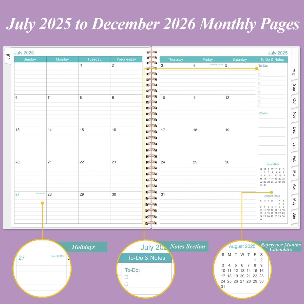 2025-2026 Monthly Planner - 18 Monthly Calendar, July 2025 - December 2026, Two Pages Per Month, 9" x11" Planner with Tabs, Inner Pocket, Purple