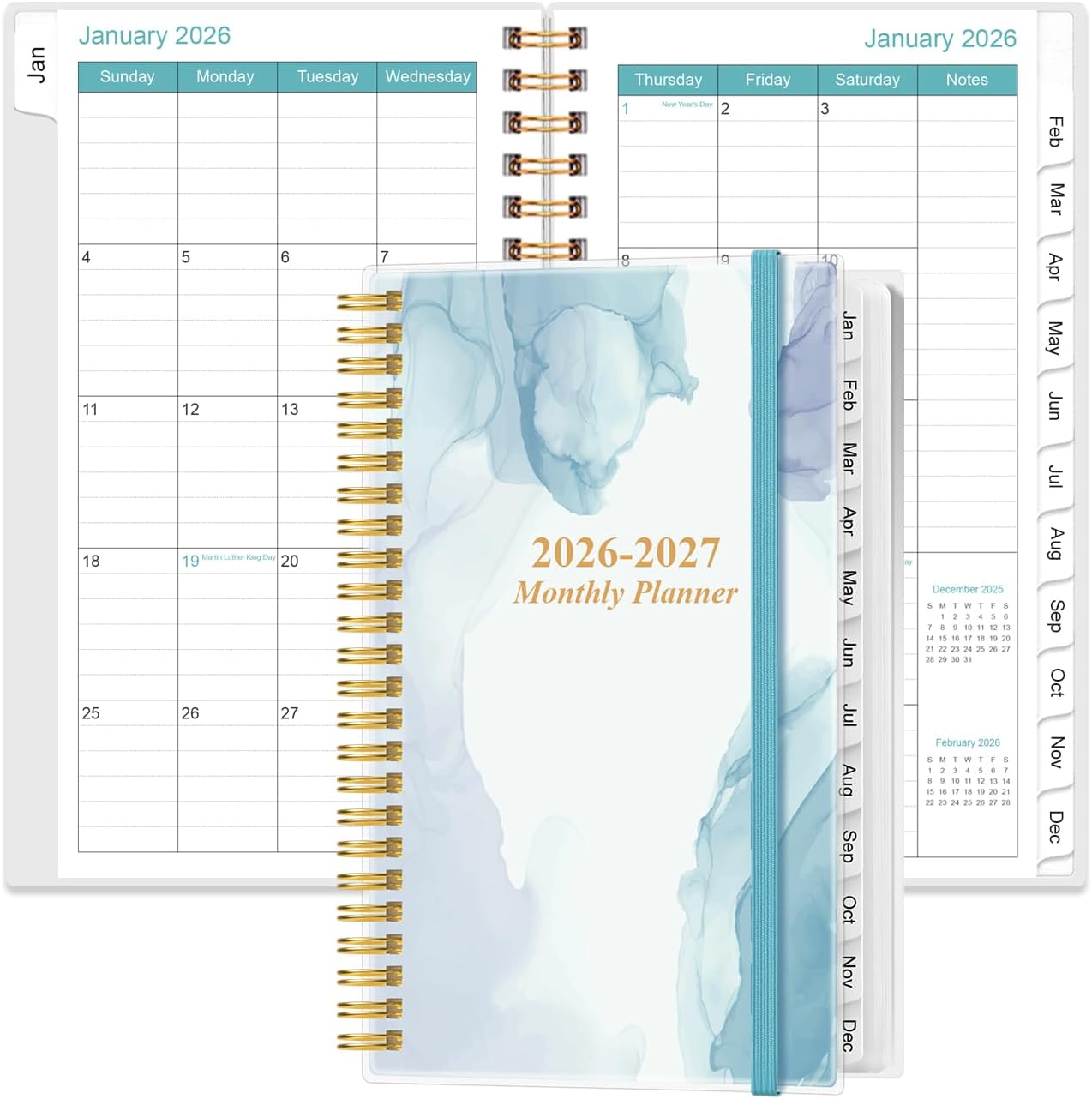 2025-2026 Monthly Planner - July 2025 - December 2026, Two Pages Per Month, 18 Monthly Calendar/Planner with Tabs, Strong Twin-Wire Binding, Inner Pocket, 3.75" x 6.5", Blue Watercolor