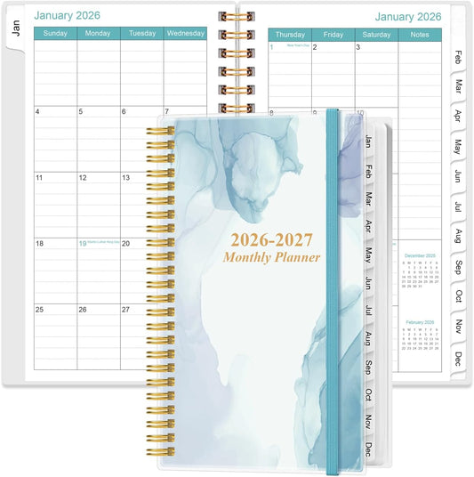 2025-2026 Monthly Planner - July 2025 - December 2026, Two Pages Per Month, 18 Monthly Calendar/Planner with Tabs, Strong Twin-Wire Binding, Inner Pocket, 3.75" x 6.5", Blue Watercolor