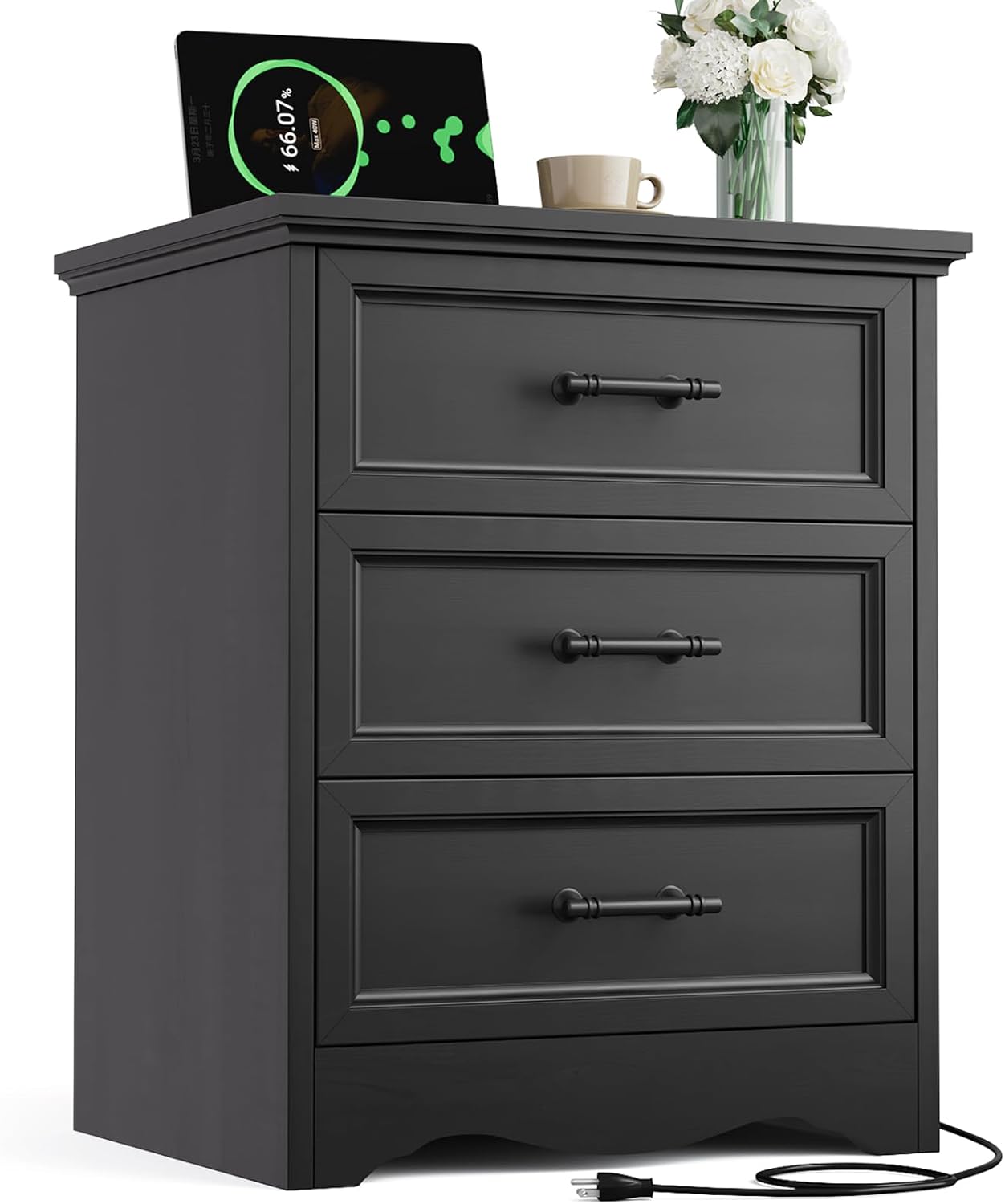 Black Nightstand with Charging Station, 19.7" Farmhouse End Table with 3 Drawers Storage, Bedside Table with Brushed Metal Handles, Unique Base Design, 3 Drawer Dresser for Bedroom, Living Room