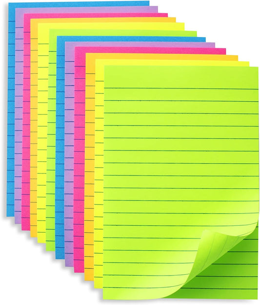 (12 Pack) Lined Sticky Notes 4x6 in Ruled Stickies Super Sticking Power Memo Pads Bright Colors