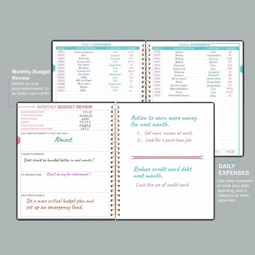 Budget Planner - 8" x 9.5" Monthly Budget Book with Expense Tracker Notebook, 2023-2024 Budgeting Book and Financial Planner to Control Your Money. Large Size, PU Leather, Black