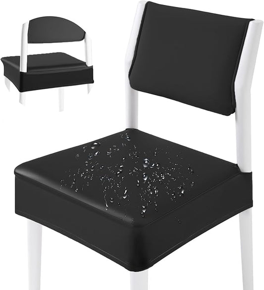 CWK Waterproof PU Leather Dining Chair Covers Set of 1-Stretchable Chair Seat Slipcovers, Removable & Washable Protector for Dining Room,Home,Office,Wedding,Rear Covers (PU-Black)