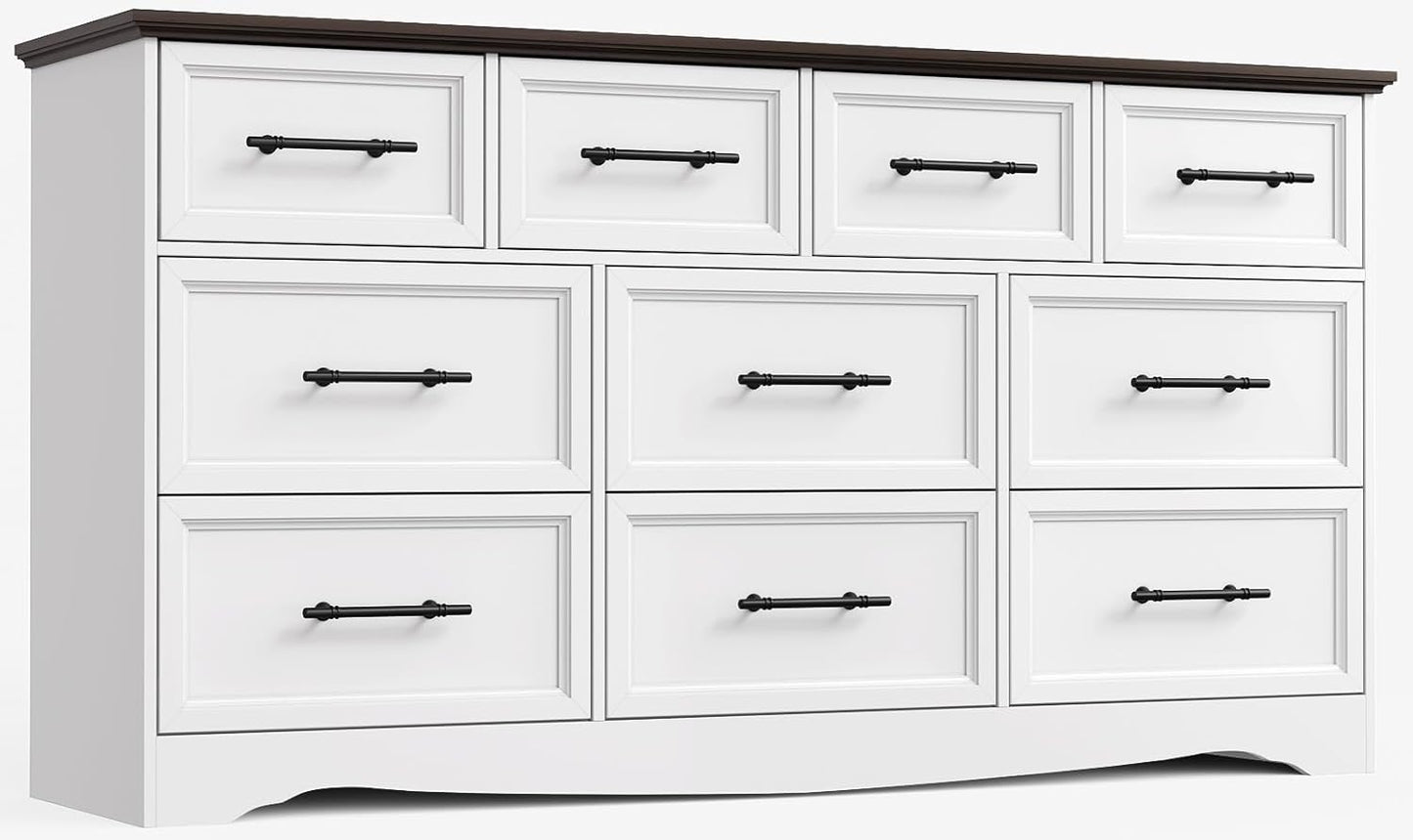 White Dresser for Bedroom, Farmhouse 10 Chest of Drawers, 59" Wide Chest of Drawers with Brushed Metal Handle, Wood Closet Organizers and Storage Cabinet for Bedroom, Living Room, Hallway