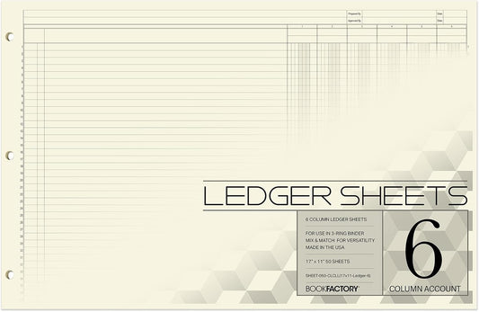 BookFactory Ledger Sheets/Large 6 Column Accounting Ledger Columnar (Six Columns) Loose Leaf Paper - 17'' x 11'', 50 Pages, Loose Leaf, 3 Hole Punched (SHEET-050-CLCLL(17x11-Ledger-6)-AX)