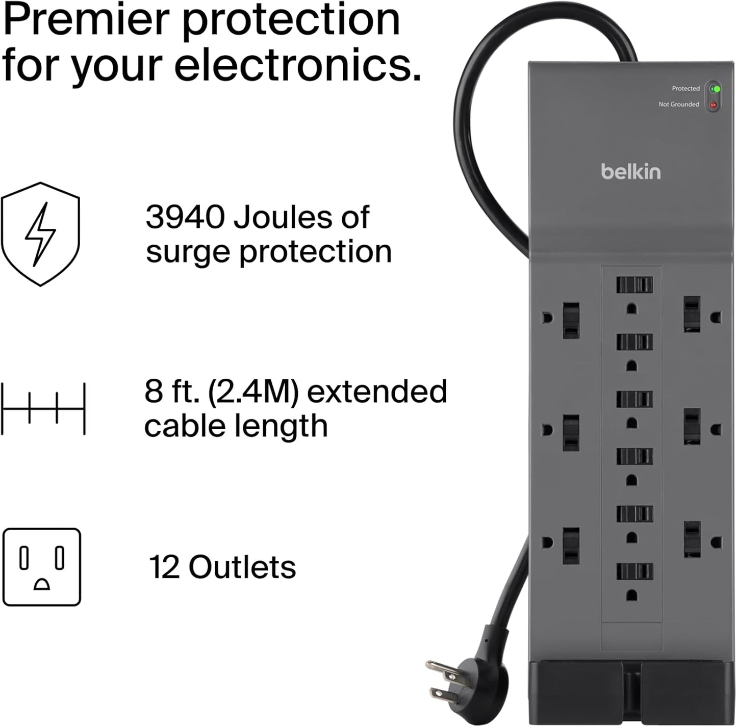Belkin 12-Outlet Surge Protector Power Strip w/ 12 AC Outlets & 8ft Flat Plug, UL-listed Heavy-Duty Extension Cord for Home, Office, Travel, Computer, Laptop, Charger - 3,940 Joules of Protection