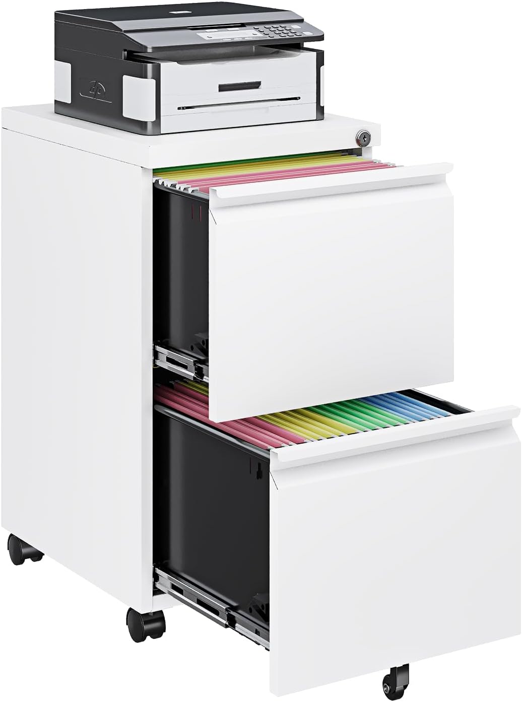 Mobile File Cabinet with Lock Steel Small Rolling 2 Drawer File Cabinet Legal/Letter/A4 Size Under Desk Metal Filing Cabinet for Home Office Vertical Filing Cabinet Printer Stand Assembly Required