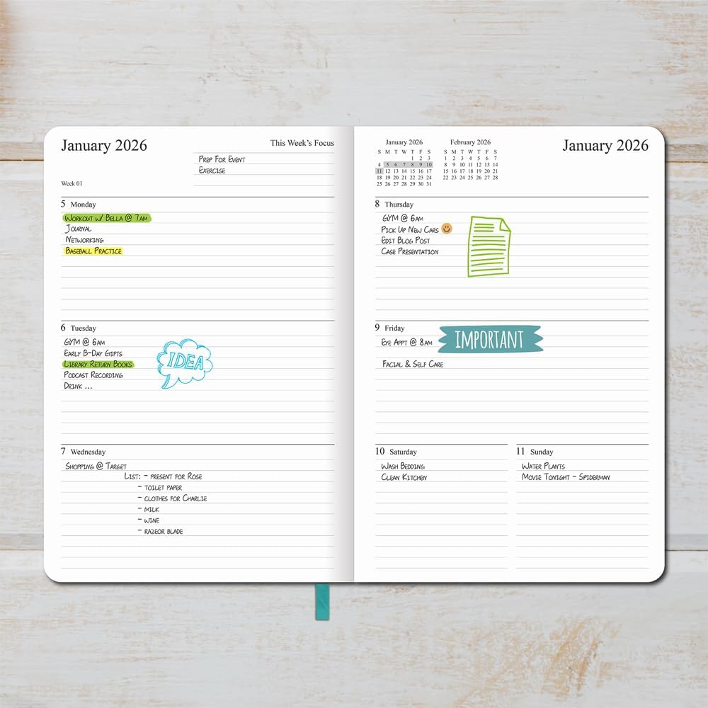 2025-2026 Planner - Weekly and Monthly Planner, Oct 2025 - Dec 2026, Holidays, Contacts and Notes Pages, Vegan Leather Cover, Elastic Closure, 5.5”x8.25”, Teal