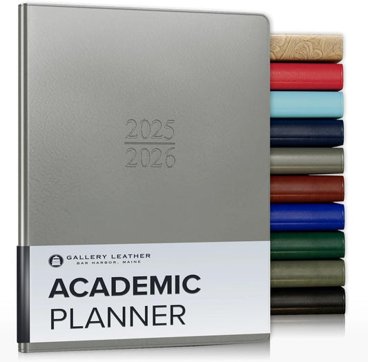 Gallery Leather Academic Planner 2025-2026, Teacher and Student Weekly Monthly Planner, Elegantly Bound Calendar with Gold-Gilded Page Edges, 18 Months - Freeport Metallic Silver - 9x7"