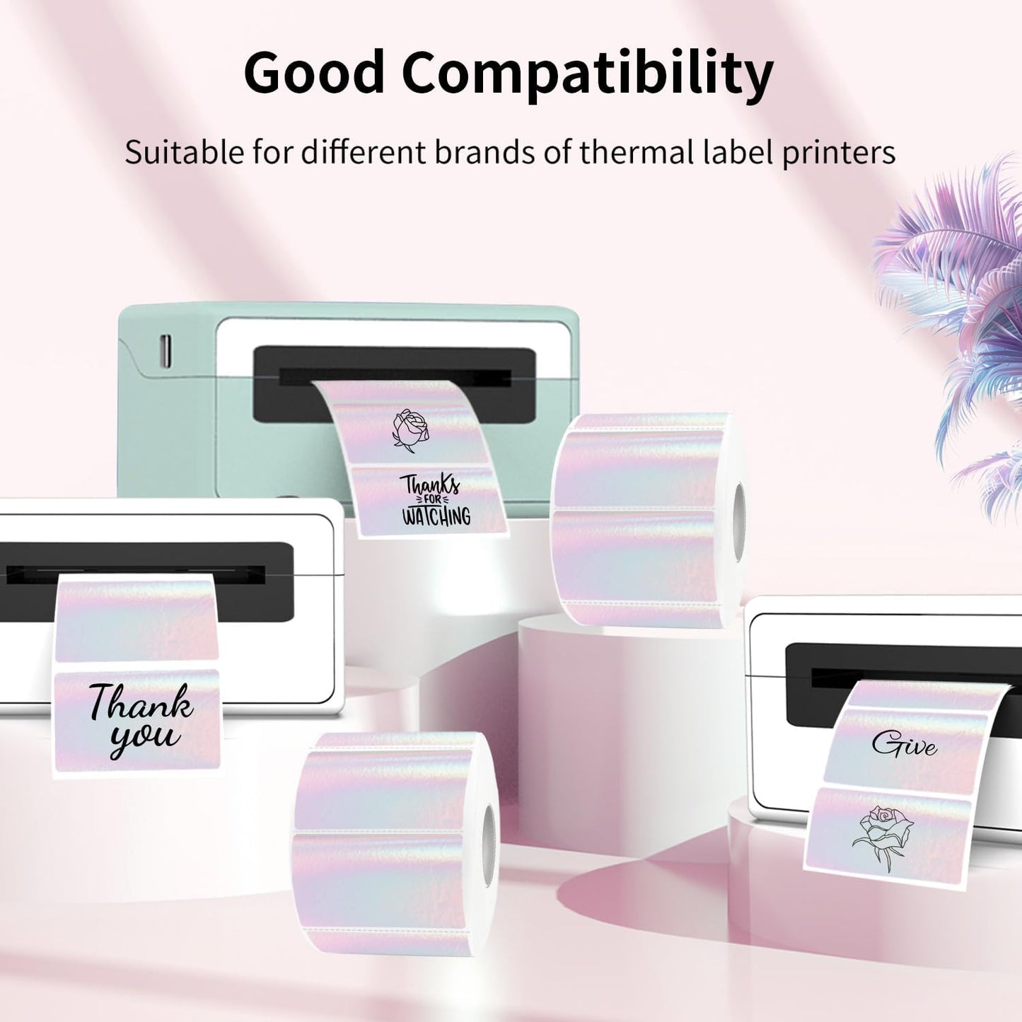 Transparent Thermal Labels Stickers, 2.25 x 1.25 Inch Clear Thermal Labels, Transparent Holographic Pink Direct Thermals Label, Perforation Line Design- 200 Sheets