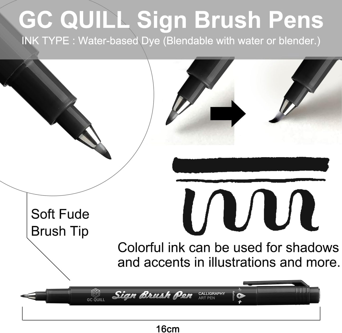 GC QUILL Fudenosuke Brush Pen - 16 Colors Calligraphy Brush Pens for Hand Lettering, Calligraphy, Drawing, Writing, Journaling GC-SB16