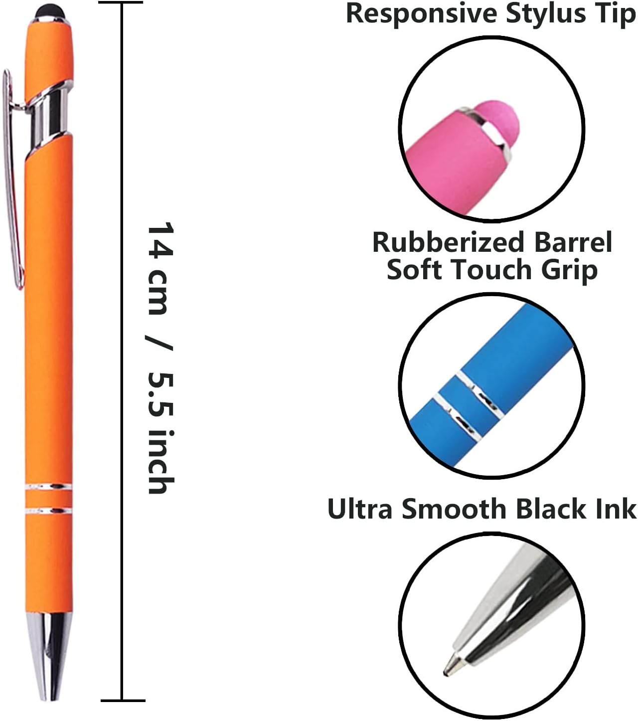 Ballpoint Pen with Stylus Tip, Soft Touch Click Metal Pen, 1.0mm Medium Point, Black Ink, 12 Count(Orange)