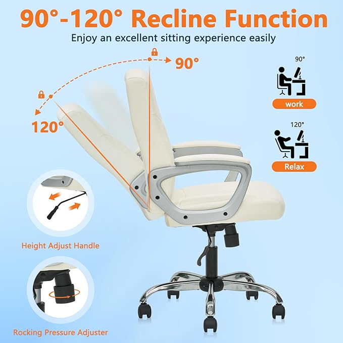 CLATINA Office Computer Desk Chair Executive Mid Back Chair Comfortable Ergonomic Managerial Chair Adjustable PU Leather Home Office Desk Chair Swivel, White 1PK
