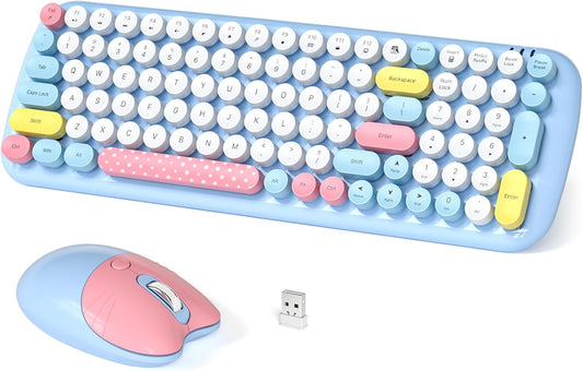 Wireless Keyboard and Mouse Combo, Typewriter Retro Keyboards with Cute Cat Shaped Wireless Mouse, 2.4 GHz USB Receiver Plug and Play for Windows, PC, Laptop, Desktop (Blue Colorful)