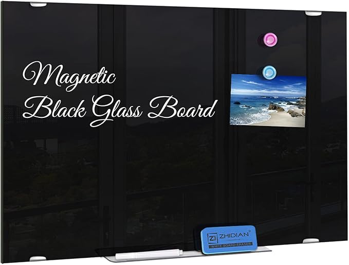 Black Dry Erase Board Magnetic Glass Board, 24x18 Tempered Glass Black Whiteboard for Wall, ZHIDIAN Glass Bulletin Board Framless Blackboard for Office, 2x1.5ft