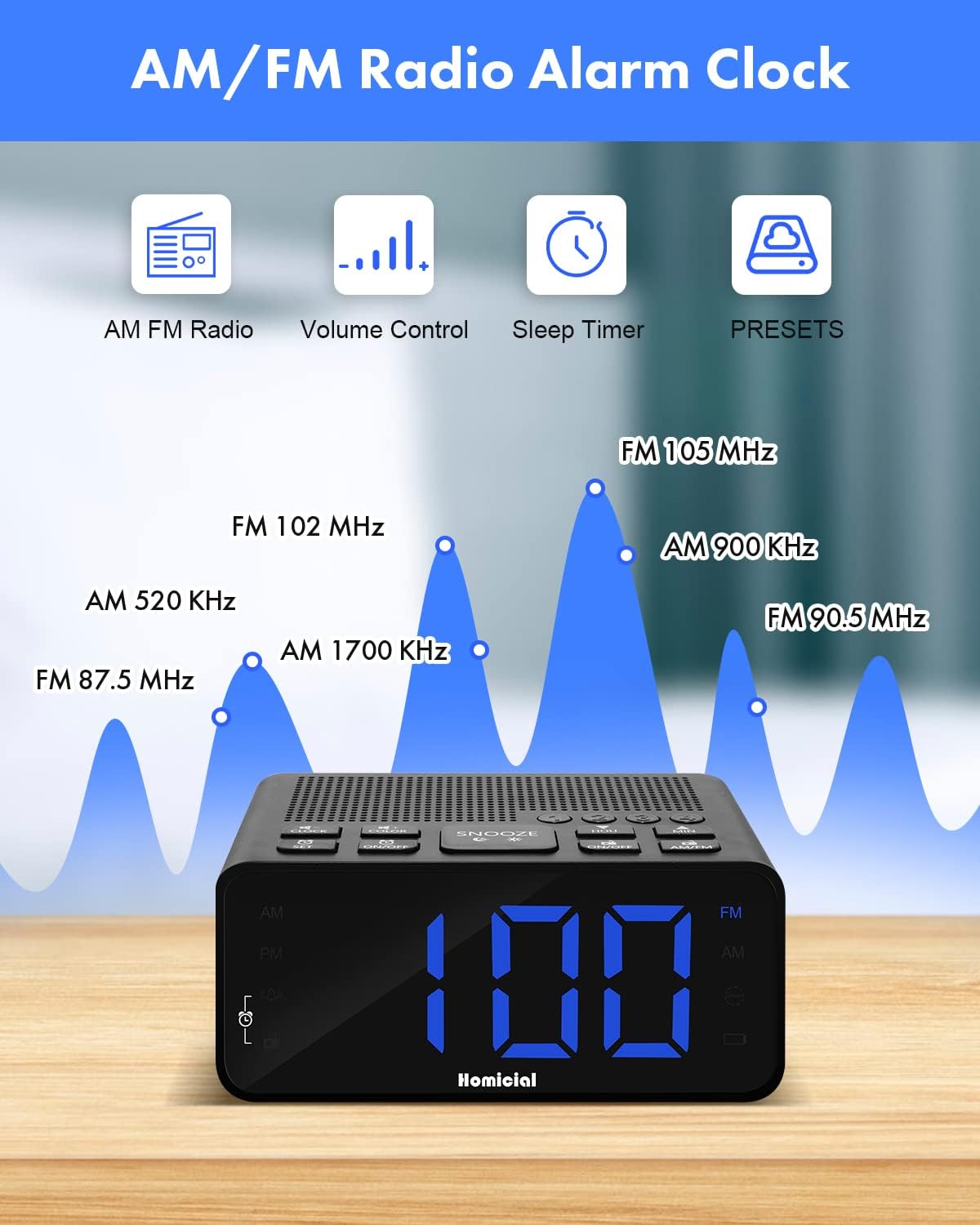 Digital Alarm Clock Radio with AM/FM Radio, Multi-Colors 1.4” LED Digits, Preset, Sleep Timer and Clear Display with Dimmer for Bedroom Bedside, Battery/Plug-in Powered