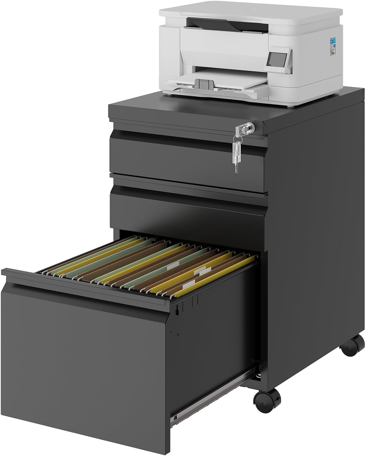 Rolling File Cabinet with Lock, 3 Drawer Metal Mobile Filing Cabinet Legal/Letter Size, Fully Assembled Except Casters, Black