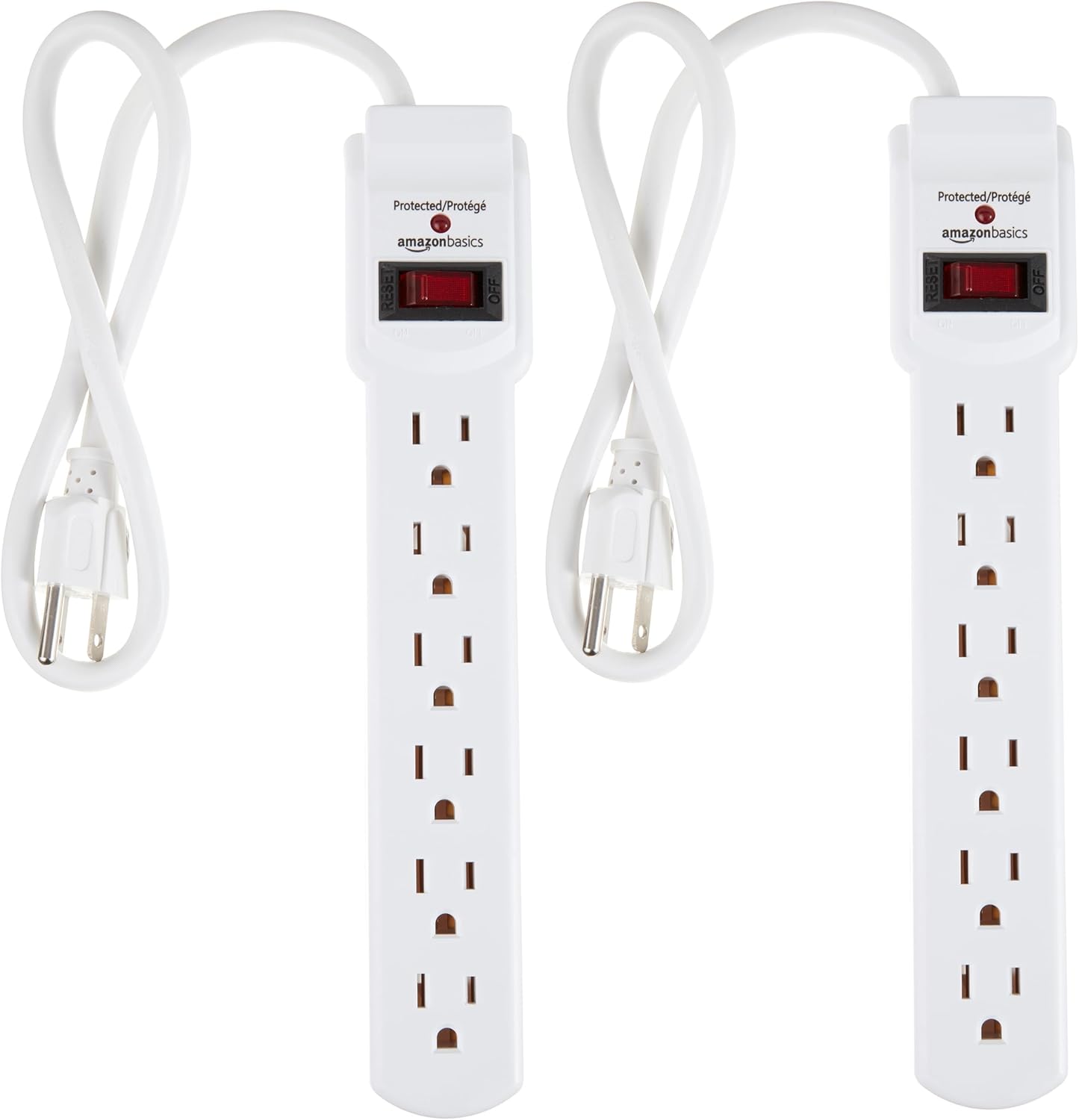 Amazon Basics Surge Protector Power Strip, 6-Outlet with 200J Protection, 2ft Extension Cord, Rectangle, White (2 Pack)