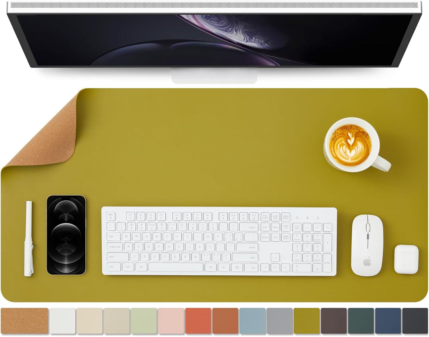 Cork Desk Mat - Dual-Sided Desk Pad for Office and Home - Desk Organization and Accessories - Ideal for Large Mouse Pad and Desk Mats on Top of Desks(Olive Green,80cmx 40cm)