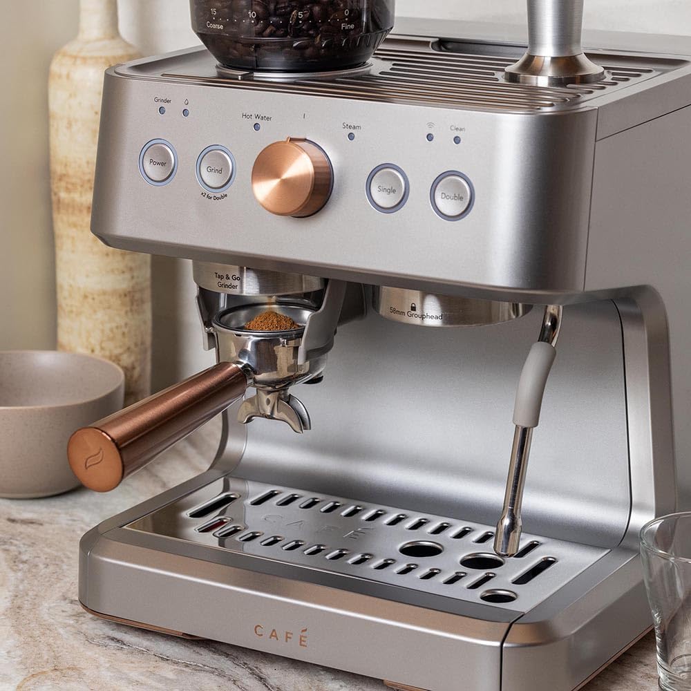 Café Bellissimo Semi Automatic Espresso Machine + Milk Frother | WiFi Connected, Smart Kitchen Essentials | Built-In Bean Grinder, 15-Bar Pump & 95-Ounce Water Reservoir | Steel Silver