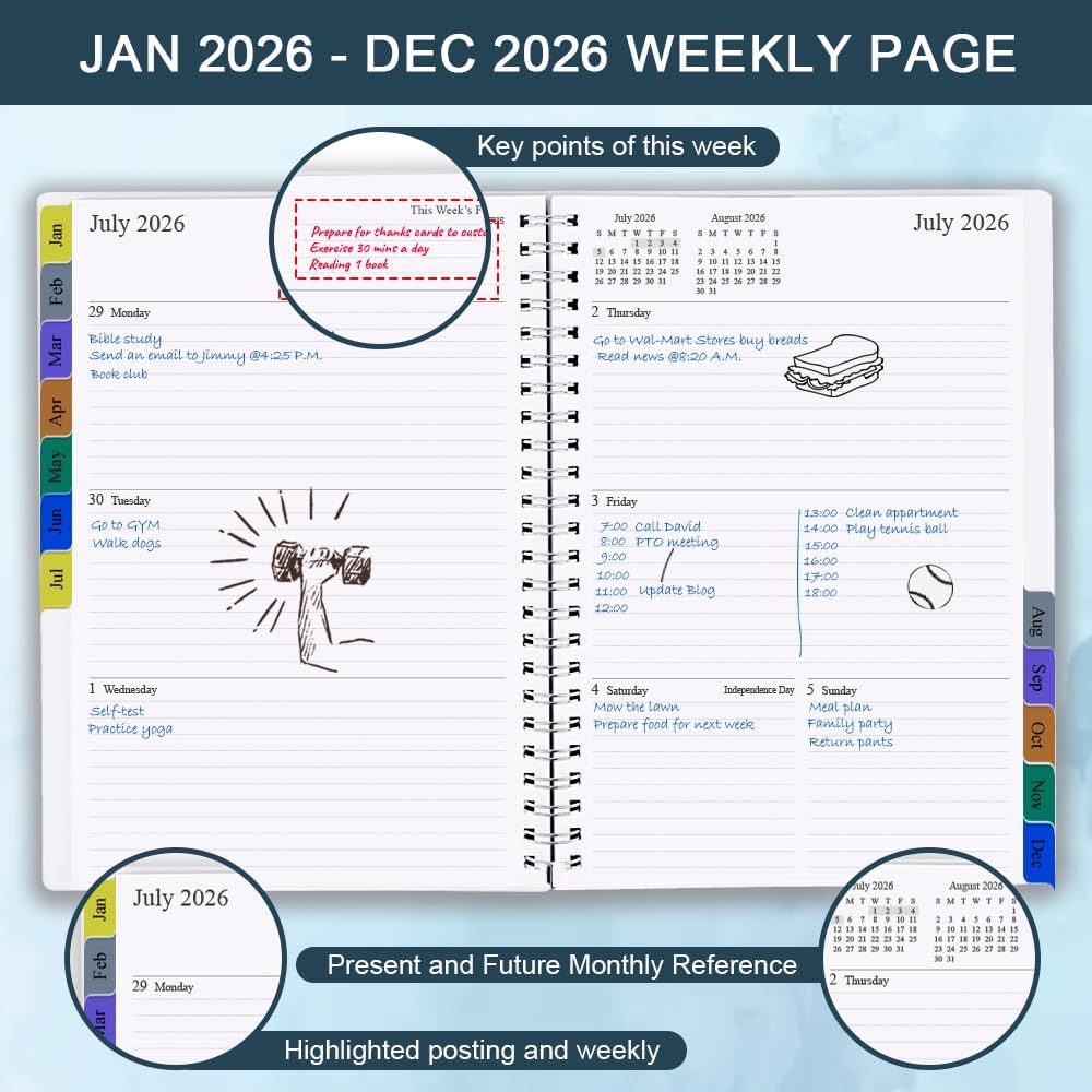 2025-2026 Planner - Weekly & Monthly Planner Runs Jul 2025 to Jun 2026, 6.25" x 8.25", 12 Monthly Tabs, 14 Notes Page, Plastic Pocket, Flexible Cover with Twin-Wire Binding, Planners 2025-2026