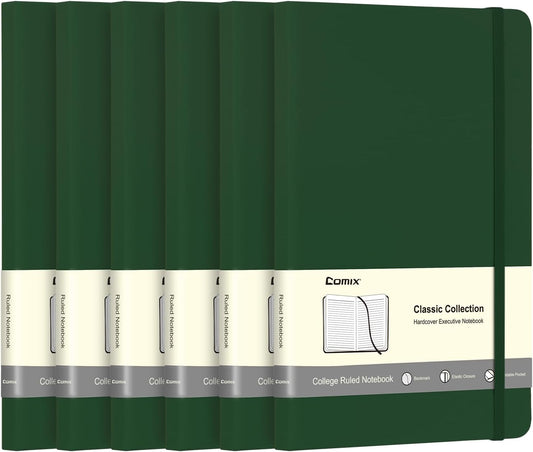 Comix 6 Pack Lined Journal Notebooks for Work, 240 Pages, 5.5"x8.3", Dark Green, Hardcover, A5 Medium College Ruled, Journaling Notebooks for Notes-taking, Fits for Office School Home