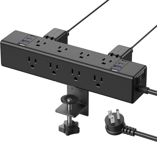 CCCEI Desk Outlet Station 45W USB C Port. 12 Outlet Desktop Clamp Power Strip Surge Protector 4800J with Switch. Nightstand Office Standing Desk Accessories Fit Thicker Table Edge or Screw Mount, 10FT
