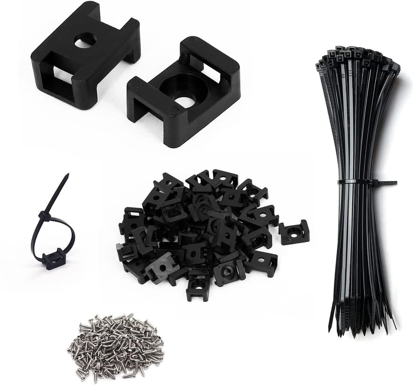 Cable Zip Tie Mounts Kit - 60 Set Wire Cable Clips Organizer Holders with 8" Cable Ties, Saddle Type Mounts Base and Tapping Screw, Black