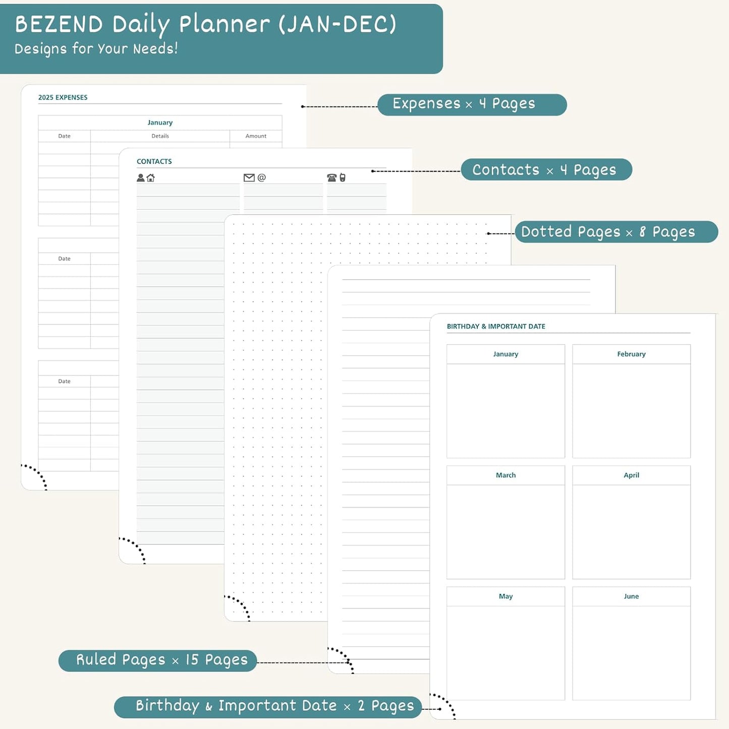 BEZEND Daily Planner 2026 (6" x 8.5") Full Page per Day Even Weekend (Jan-Dec) Monthly Calendar with Tabs, 2 Columns for Dual Schedule with Note, Vegan Leather Hardcover in Dutch Blue