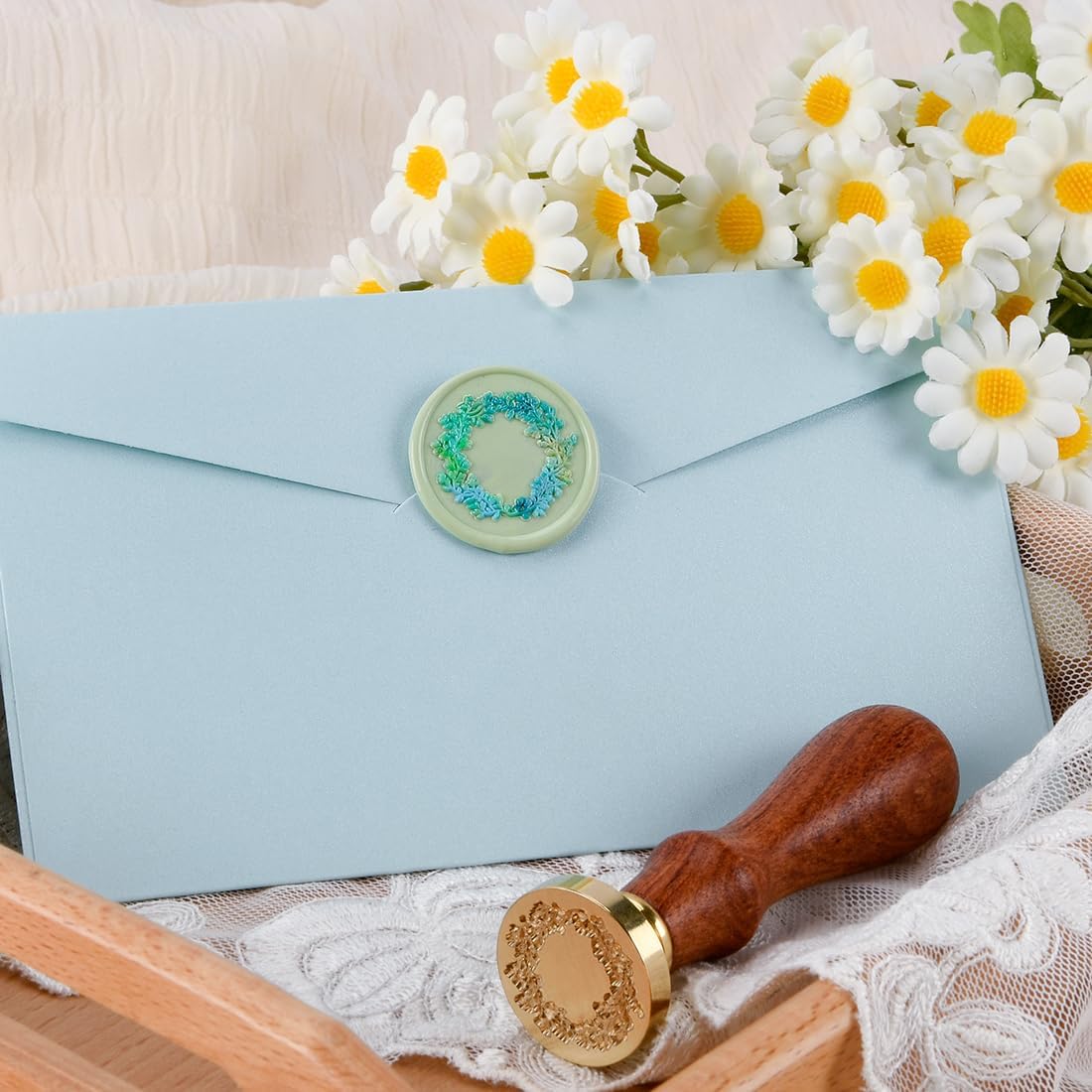 Wax Seal Stamp Set, 6 pcs Brass Head Wax Stamp & 1 Wooden Handle, 6 Botanical Designs (Rosemary, Sunflower, Ginkgo Leaf, Wreath, Leaves, Eucalyptus)