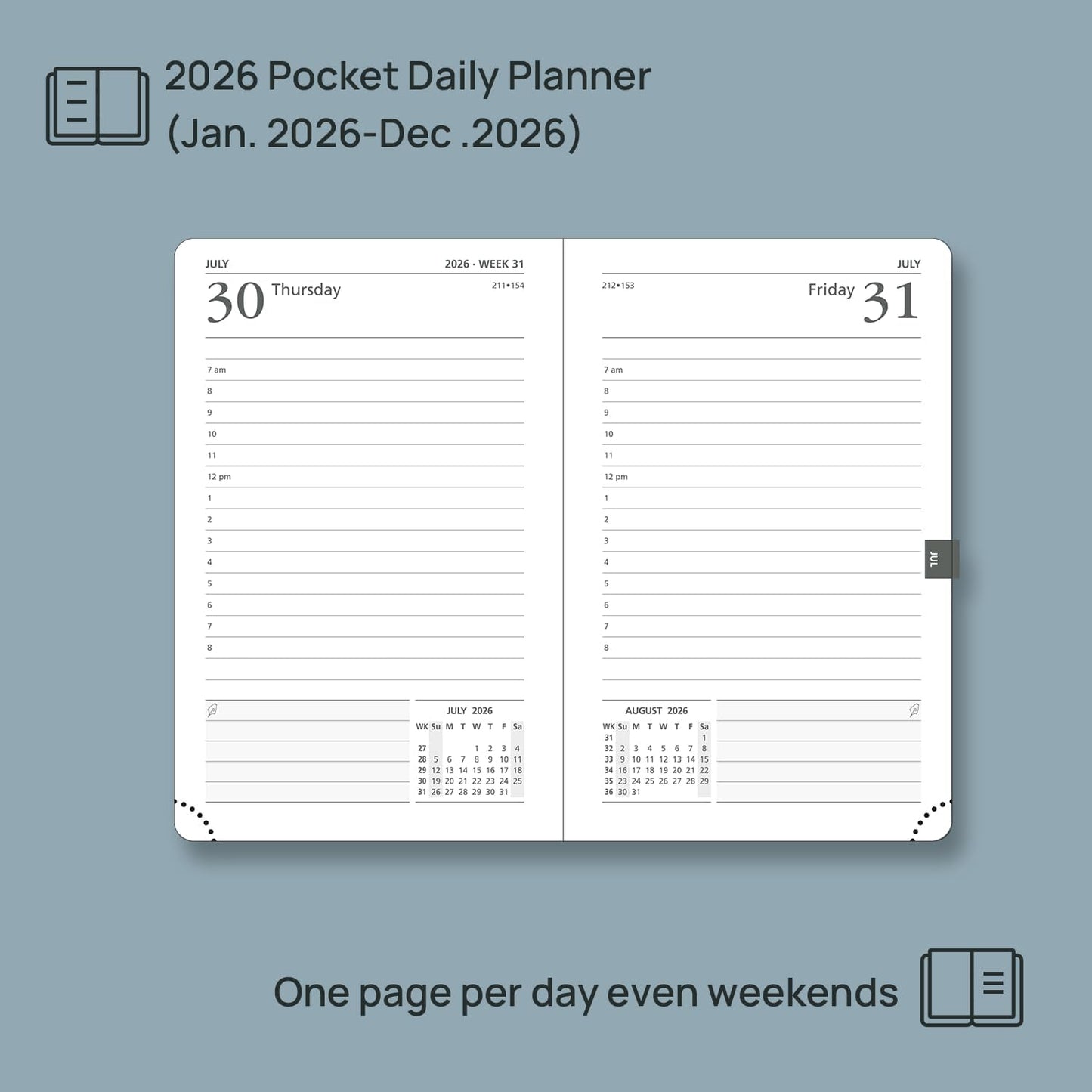 POPRUN 2026 Daily Planner One Page Per Day A6 Size Calendar (4.25" x 6.25") - 12 Months Hourly Appointment Book with Hardcover, Monthly Tabs, Pocket, Pen Holder - Light Yellow