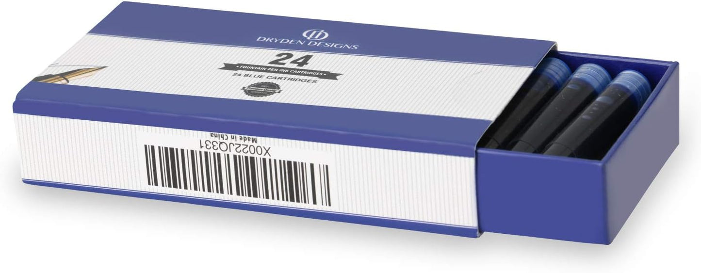 Dryden Designs Fountain Pen Ink Cartridges - Set of 24 Blue Ink CARTRIDGES - Short International Standard Size - Disposable and Generic Ink Refill Cartridges - Perfect for Calligraphy.