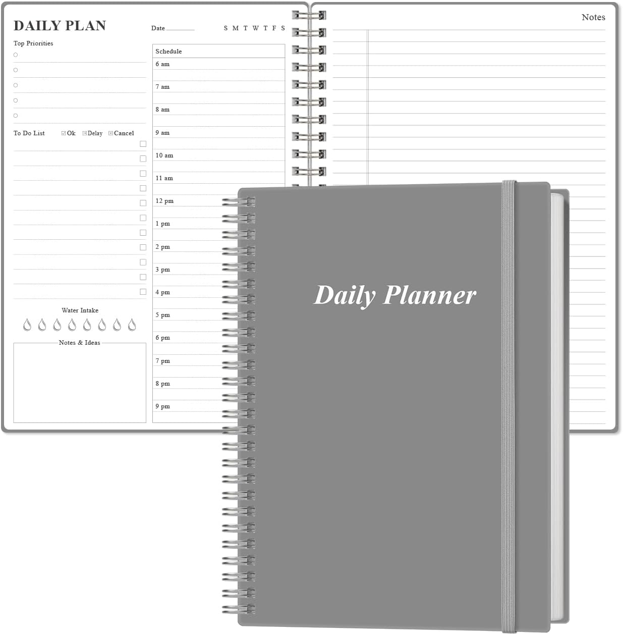 Daily Planner Undated - B5 To Do List Notebook Hourly Schedules, Spiral Appointment Planner for Women and Men, PVC Hardcover, Inner Pocket, Elastic Closure, 7" x 10", Grey