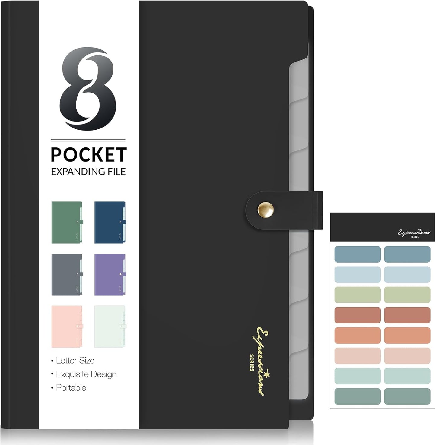 Sooez Elegant Accordion File Organizer with Labels, 8 Pocket Expanding File Folder, Portable Folders for Documents, Cute Paper Organizer for School Office Supplies, Letter Size, Black