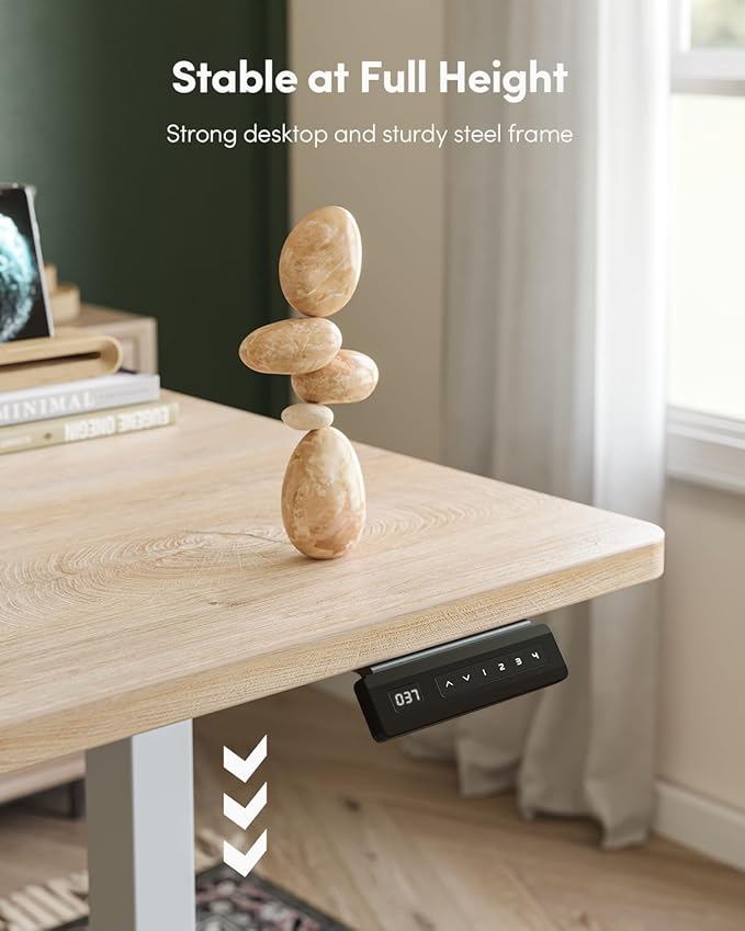 FEZIBO One-Piece Standing Desk Adjustable Height Stand up Home Office Desk, 55x24 Inch Electric Standing Computer Desk, with 4 Memory Presets, Fixable casters, Maple