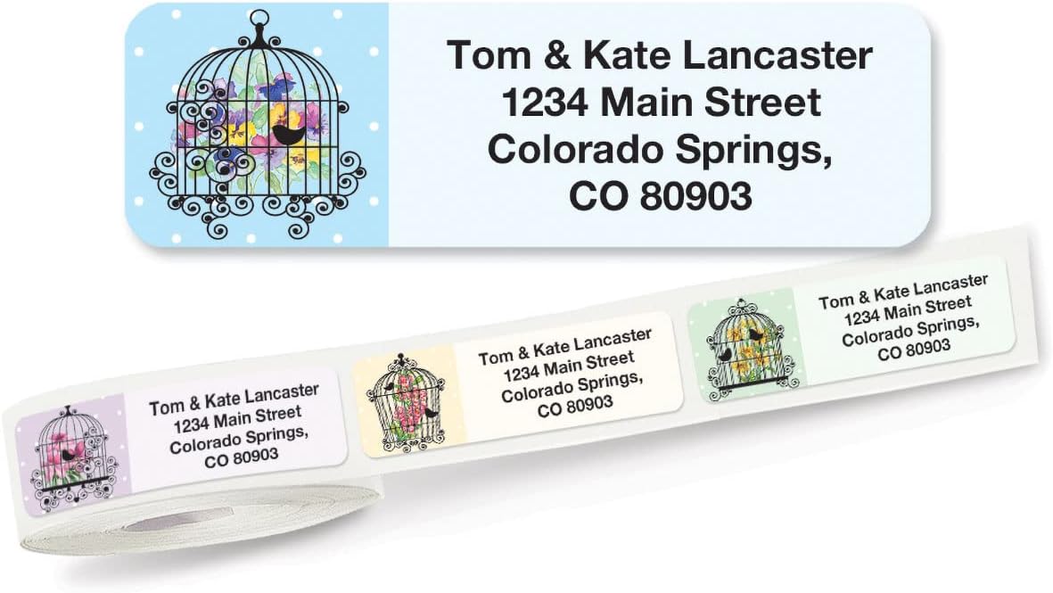 Birdcages Rolled Personalized Return Address Mailing Labels with Dispenser, Set of 500, 5 Designs, Small ¾ x 2½ Inch Size, Custom Self-Adhesive Sticker Roll, by Colorful Images