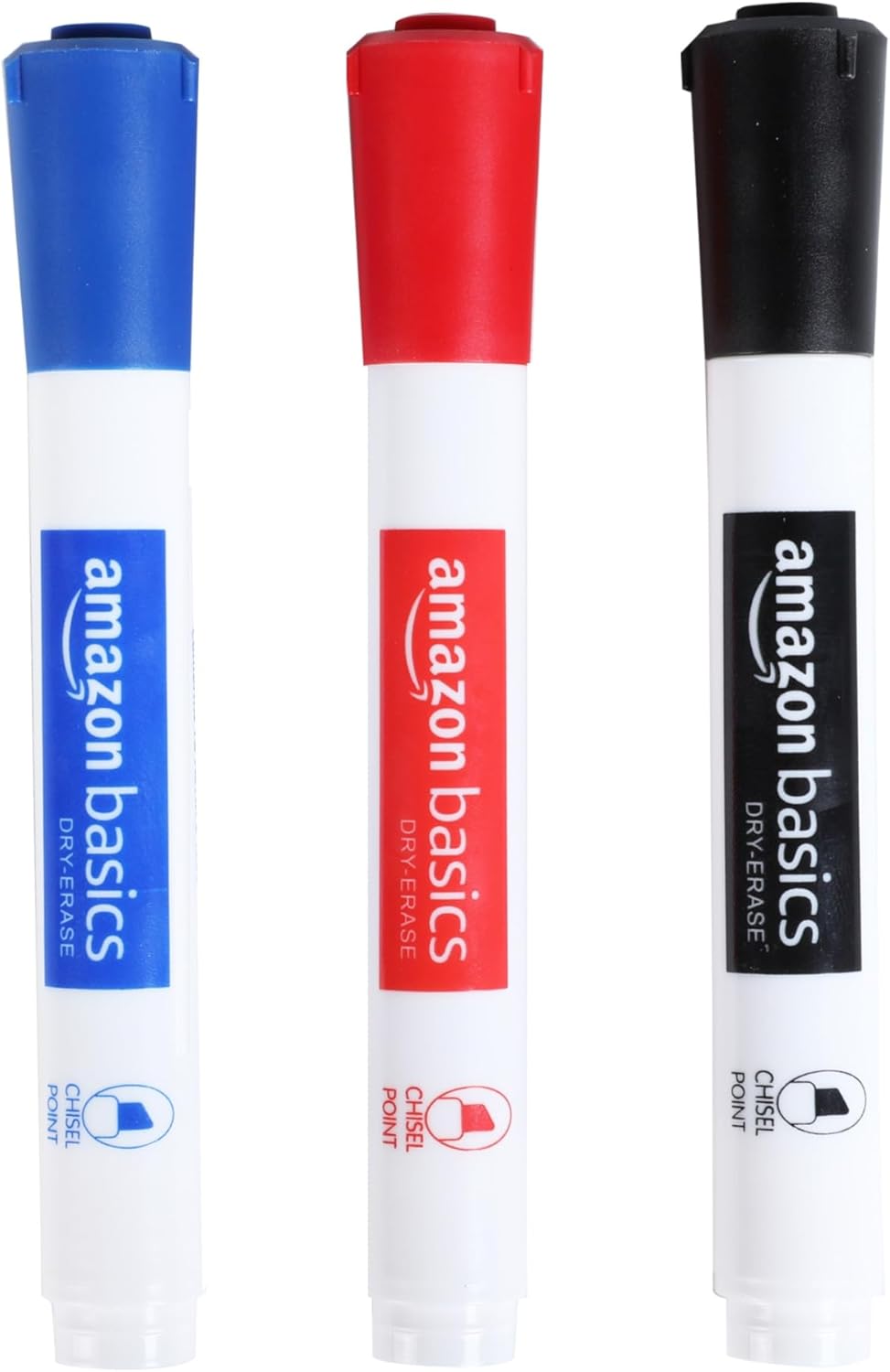 Amazon Basics Dry Erase Markers For Whiteboards, Chisel Tip, Low-Odor, Black, Red, Blue, Pack of 3