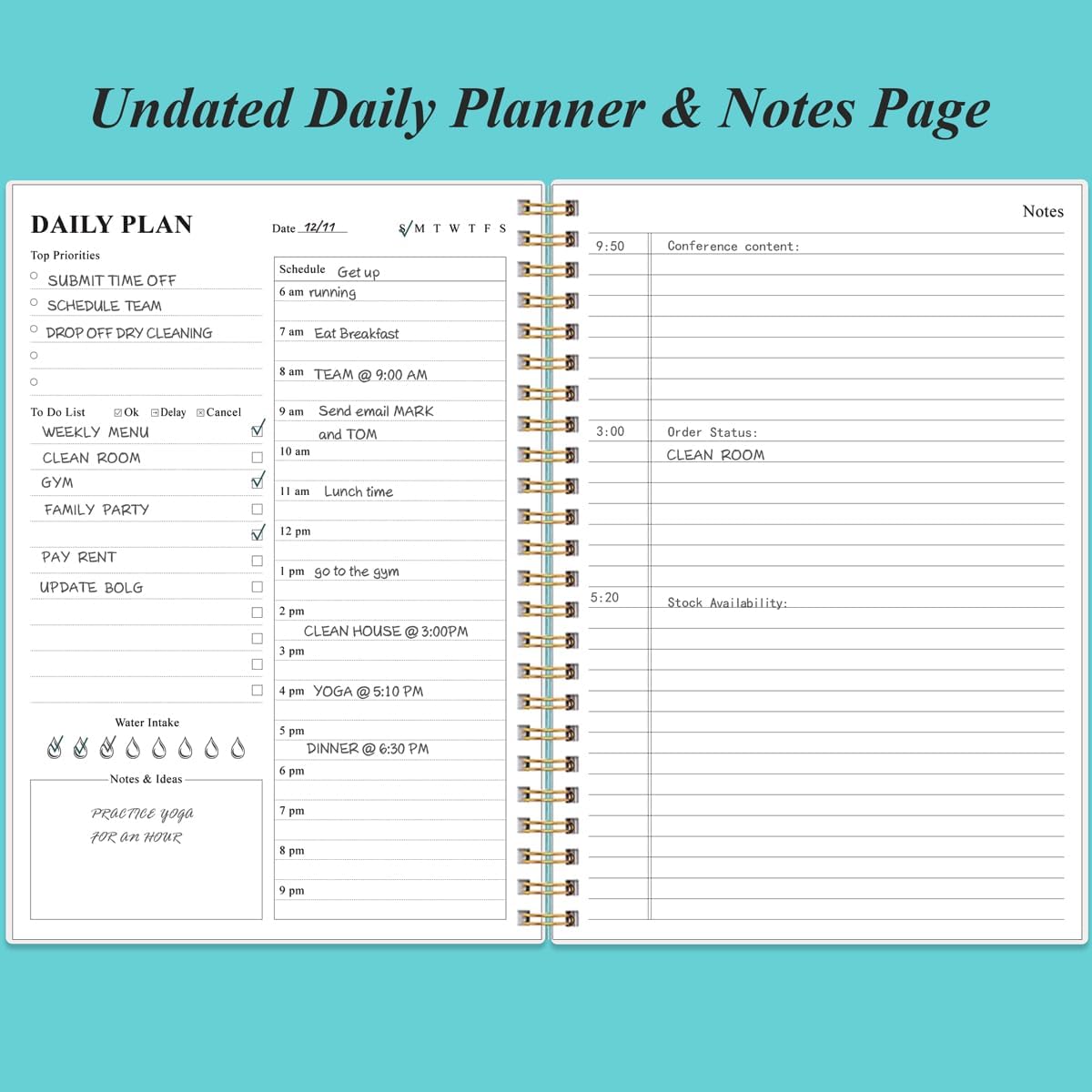 Daily Planner Undated - B5 To Do List Notebook Hourly Schedules, Spiral Appointment Planner for Women and Men, PVC Hardcover, Inner Pocket, Elastic Closure, 7" x 10", Teal Flowers