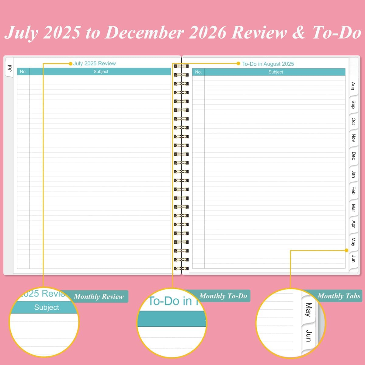 2025-2026 Monthly Planner - 18 Monthly Calendar, July 2025 - December 2026, Two Pages Per Month, 9" x11" Planner with Tabs, Strong Twin-Wire Binding, Inner Pocket, Pink